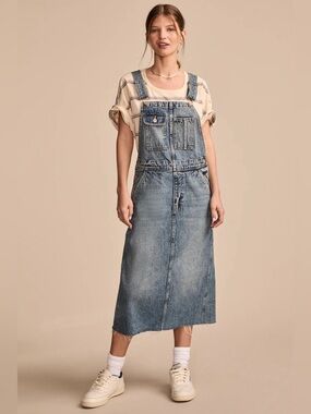 Lucky Brand  Womens Denim Midi Overall Dress In Electrified Wash Sz S NWT $149